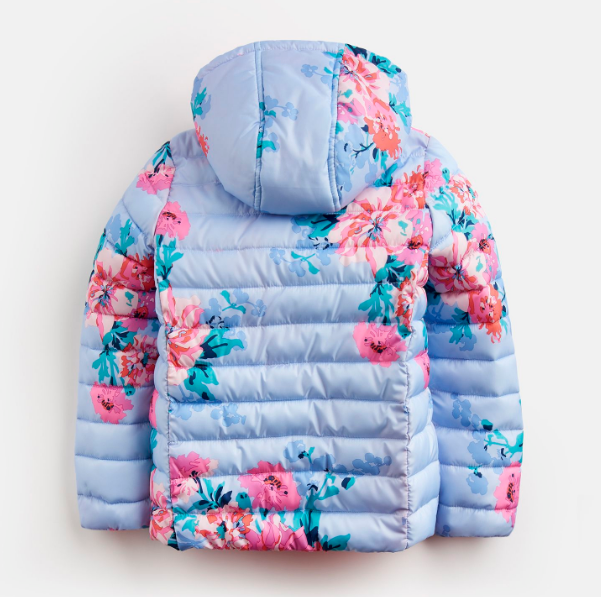 Joules Puffy Coat Sky Blue Floral with Neon Orange